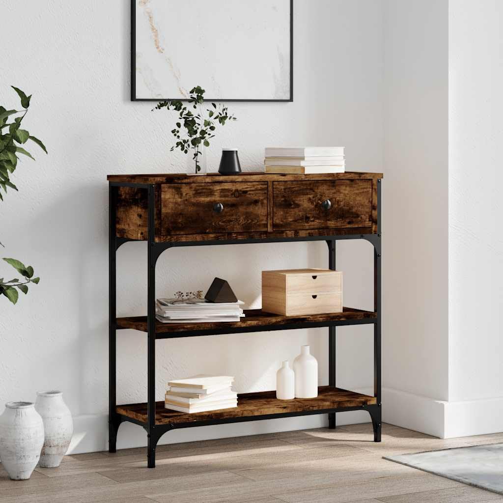Black Oak Console Table 100x25x75 cm Engineered Wood & Steel with 2 Drawers U821