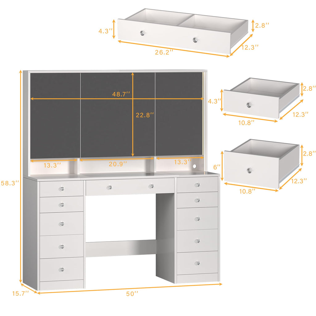 50'' White Glass Top Makeup Vanity with 11 Drawers and LED Mirror P775