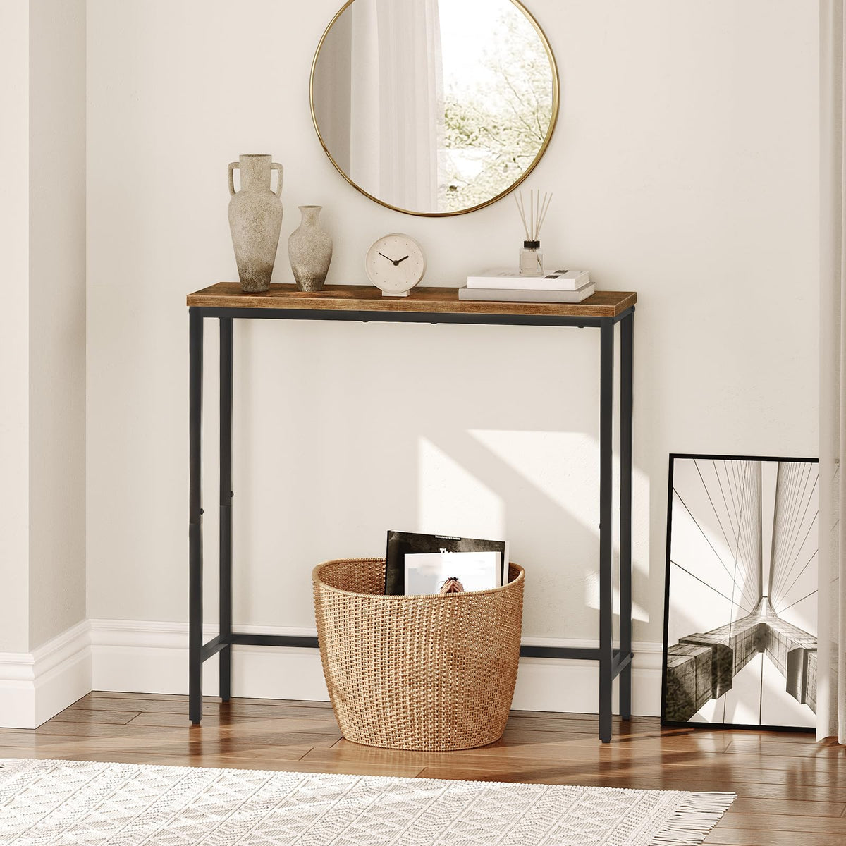 Narrow Console Table, Rustic Brown and Black M11619