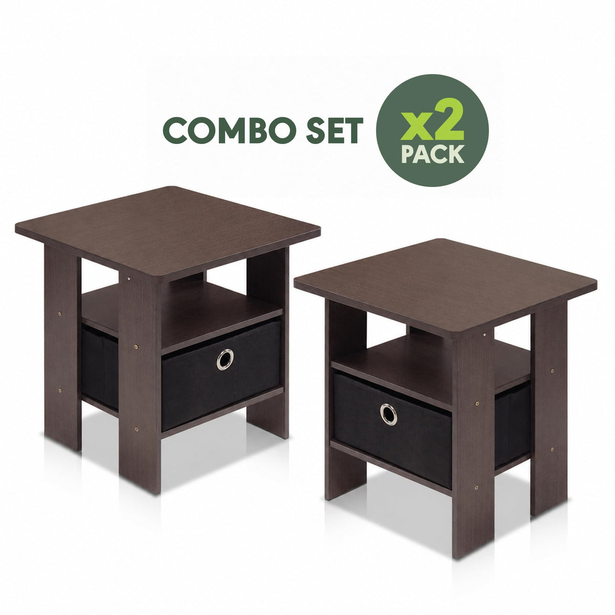 Brown Set of 2 Side Table with Storage Bin Drawer O8277