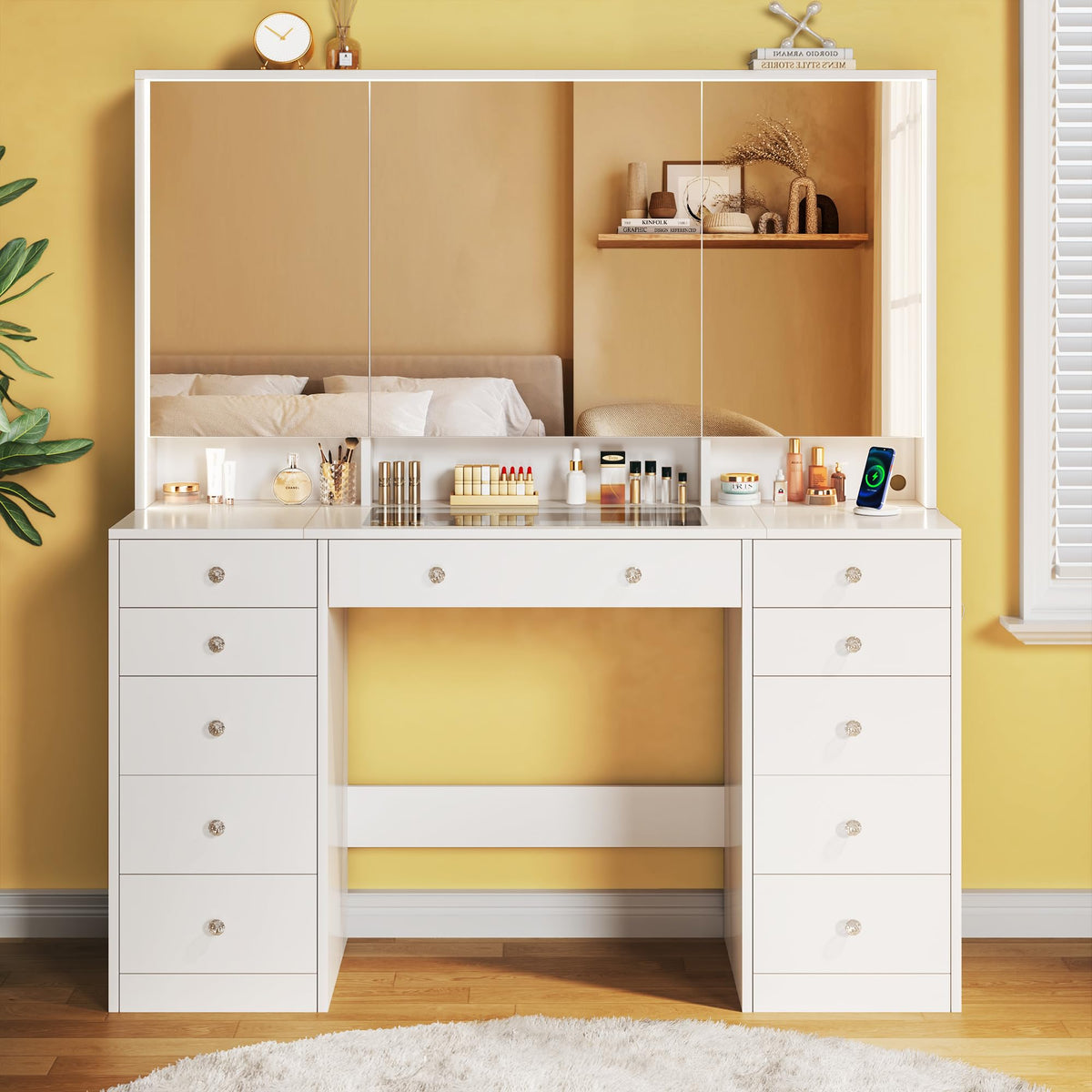 50'' White Glass Top Makeup Vanity with 11 Drawers and LED Mirror P775