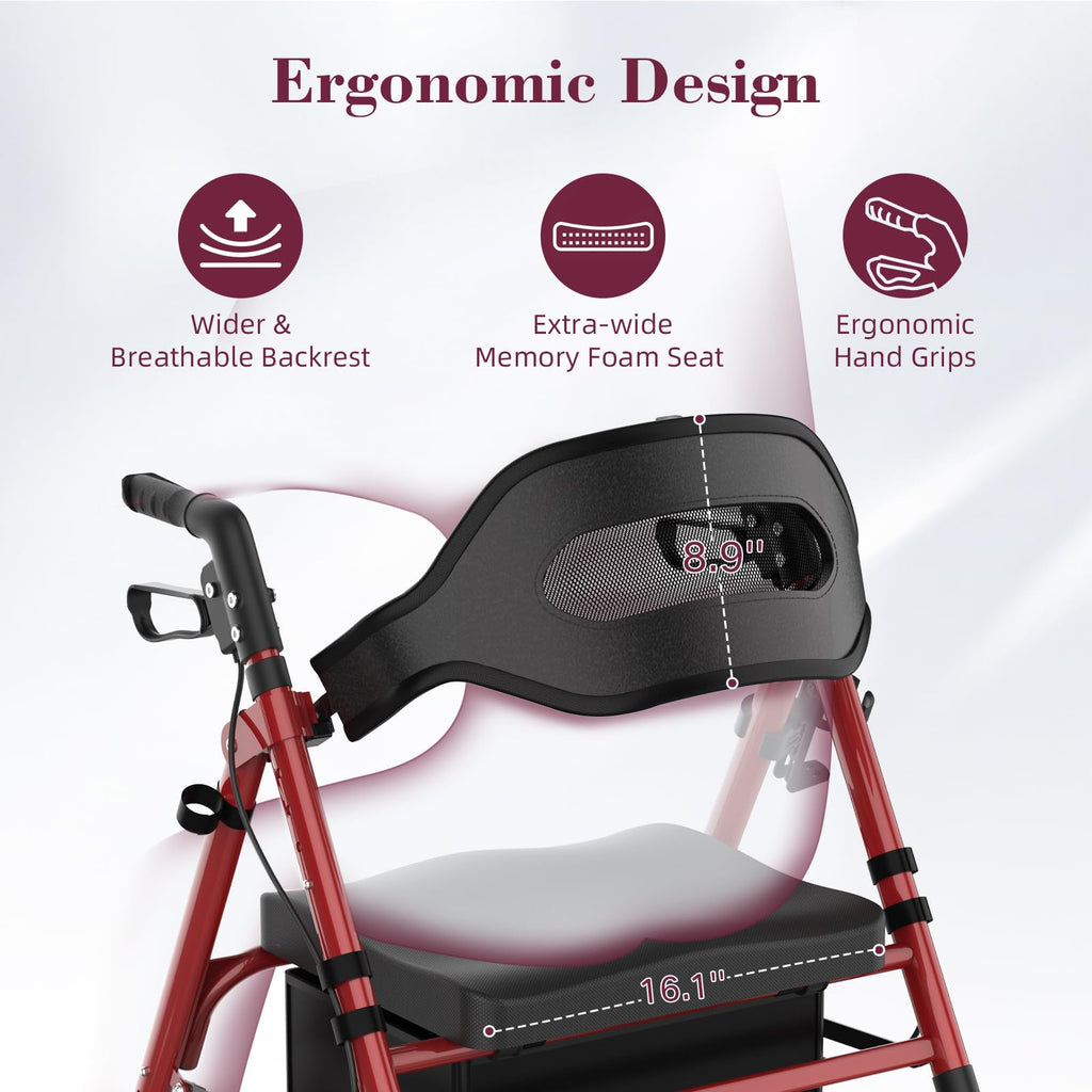 Foldable Rollator Walker with Seat, 8" Wheels, Red I98517