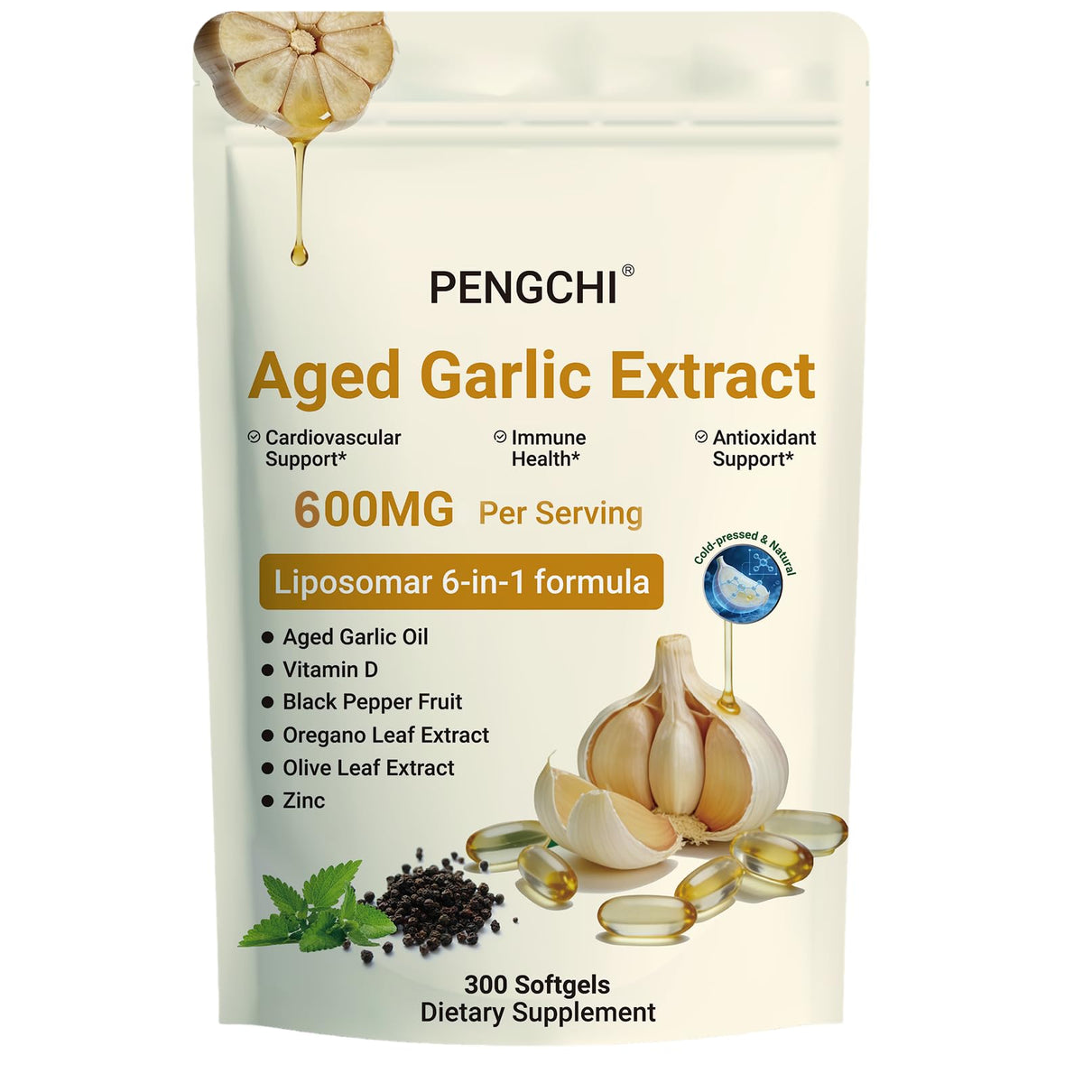Aged Garlic Extract with Vitamin D Zinc Oregano Olive Leaf Black Pepper 300 Softgels L51820