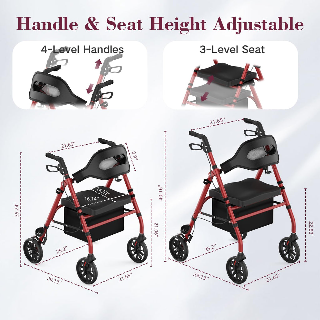 Foldable Rollator Walker with Seat, 8" Wheels, Red I98517
