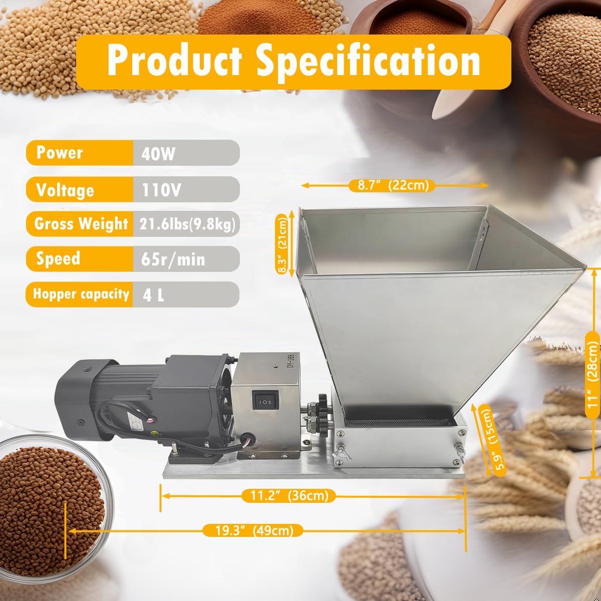 110V 60W 75RPM Stainless Steel Grain Mill with 4 Hopper and 2 Rollers U998