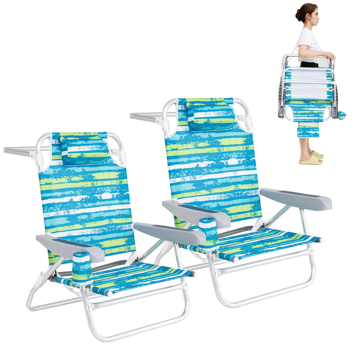 2Pcs Folding Camping Chair with Adjustable Backrest, Cup Holder & Headrest, Green C901872
