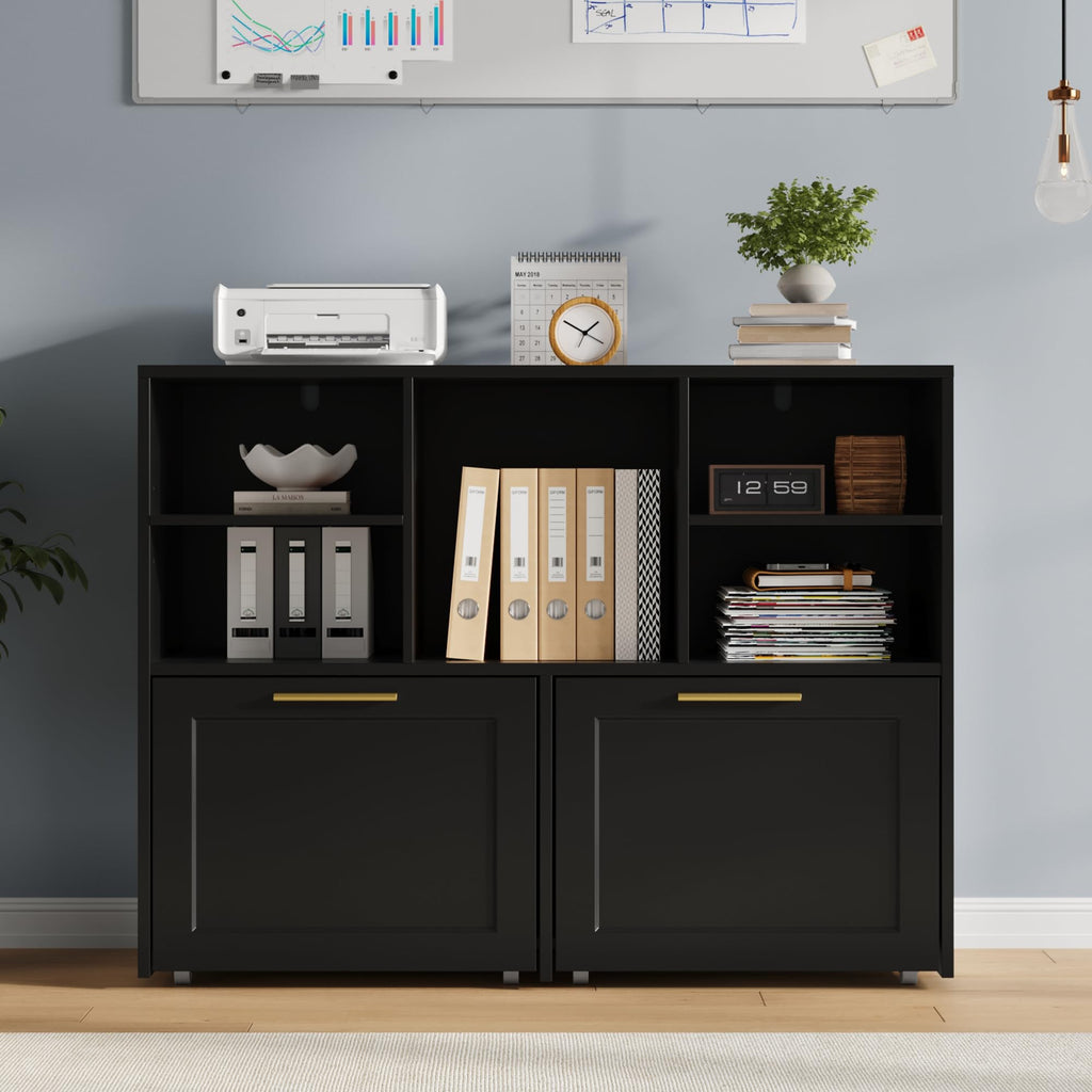 Black 2 Drawer Lateral File Cabinet with Open Storage Cubes I53628