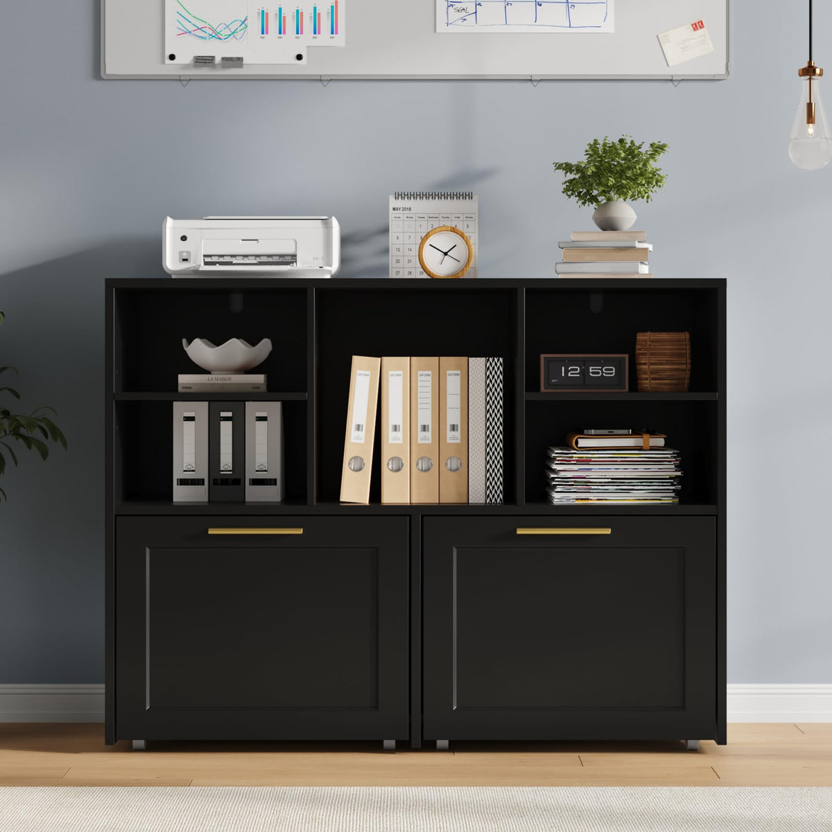 Black 2 Drawer Lateral File Cabinet with Open Storage Cubes I53628