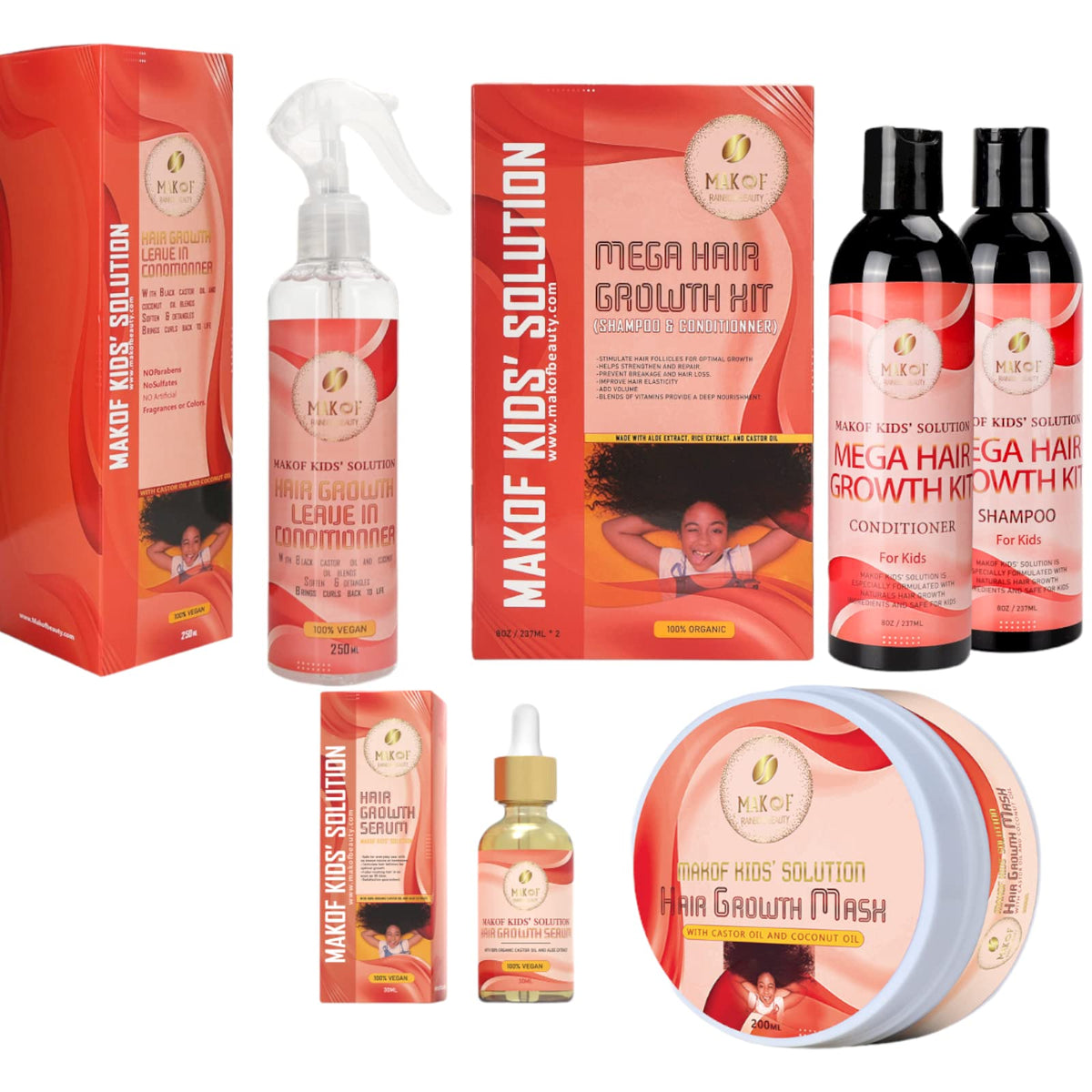 Kid’s Shampoo & Conditioner Set with Black Castor Oil, Argan Oil, Hair Mask Treatment and Leave-in Conditioner N8369
