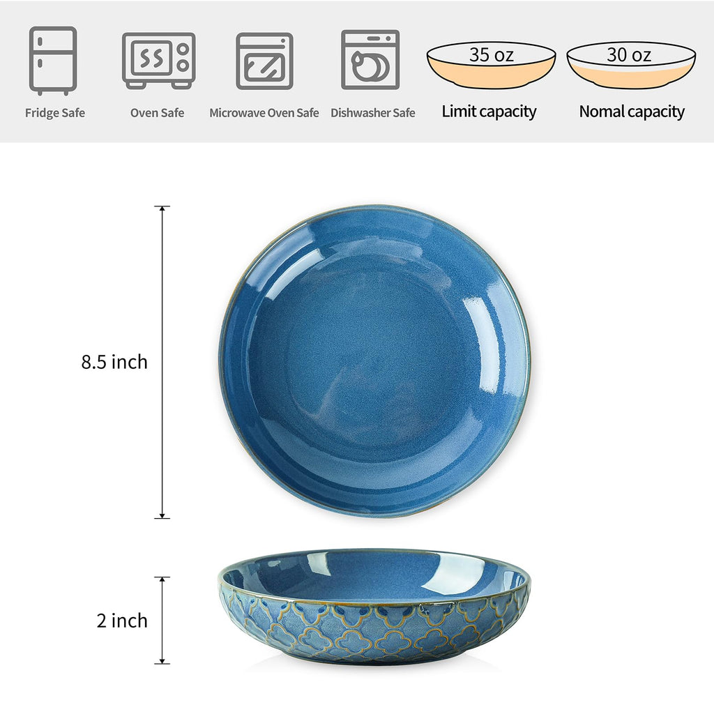 Blue 30oz Embossed Pasta Bowls Set of 4 K373