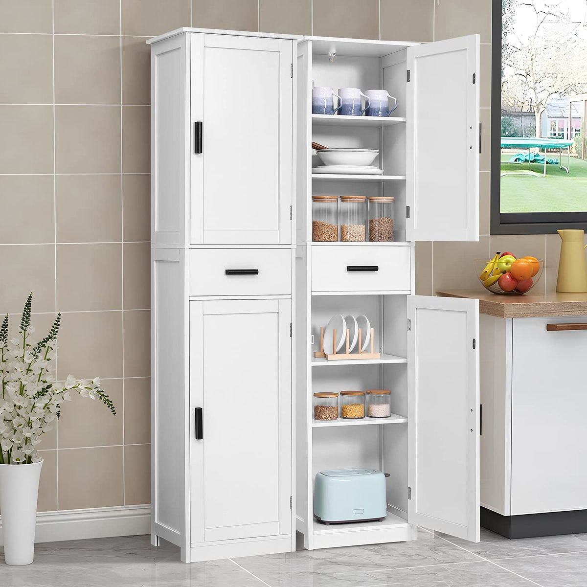 67'' Tall White Storage Cabinet with 4 Shelves & 2 Doors M6323