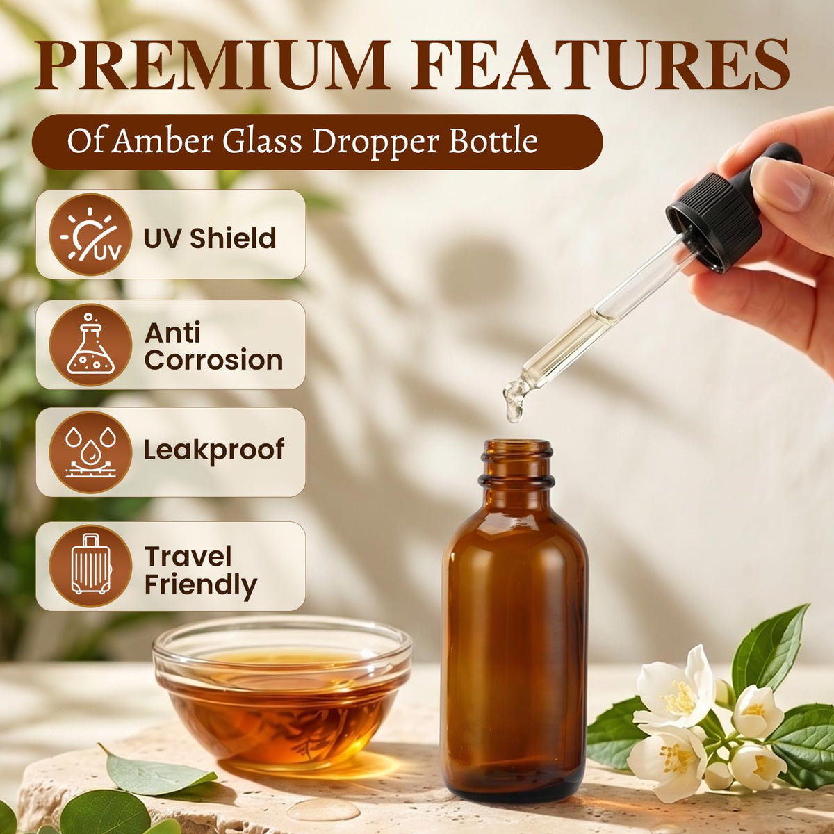 2 oz Amber Glass Dropper Bottles with Funnels, 40 Pack L37077