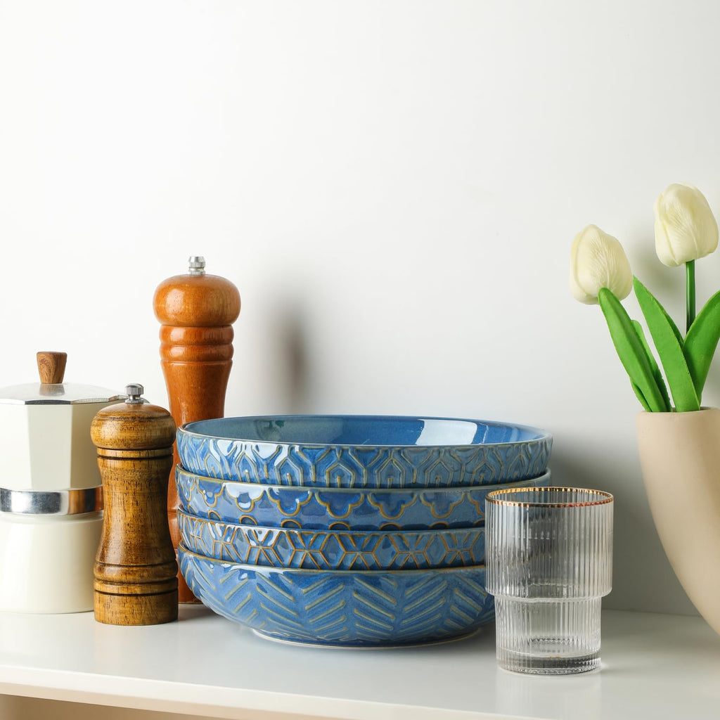 Blue 30oz Embossed Pasta Bowls Set of 4 K373