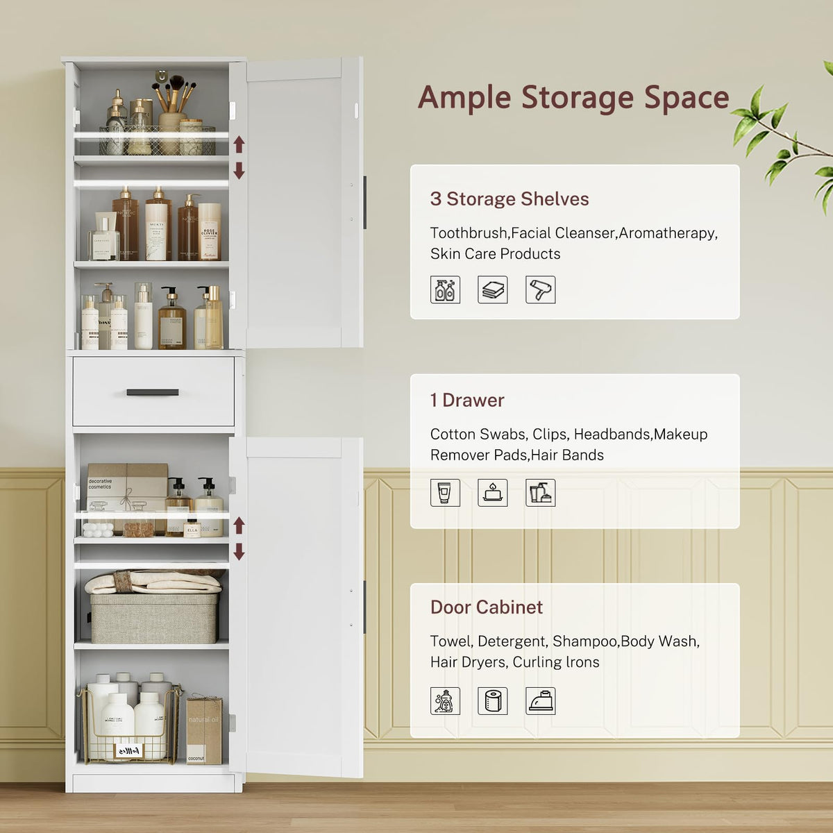 67'' Tall White Storage Cabinet with 4 Shelves & 2 Doors M6323