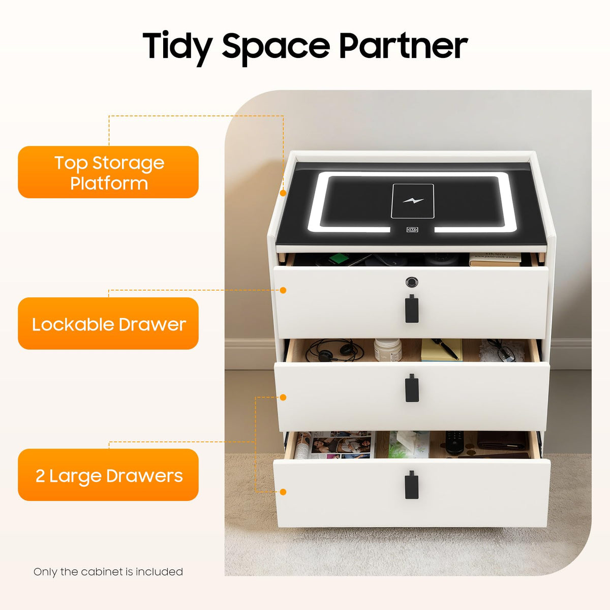3 Drawer Smart Nightstand with Bluetooth Speaker USB Charging G286251