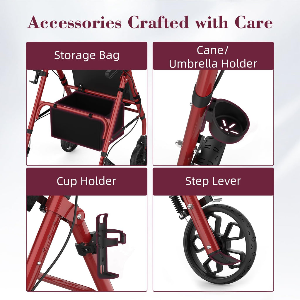 Foldable Rollator Walker with Seat, 8" Wheels, Red I98517