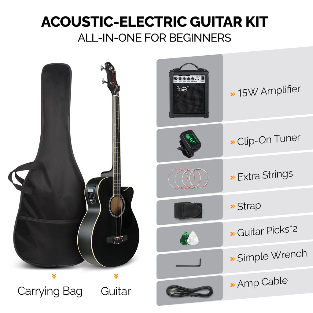 Full Size 4 Strings Acoustic Electric Bass Guitar Kit Matte Black R931