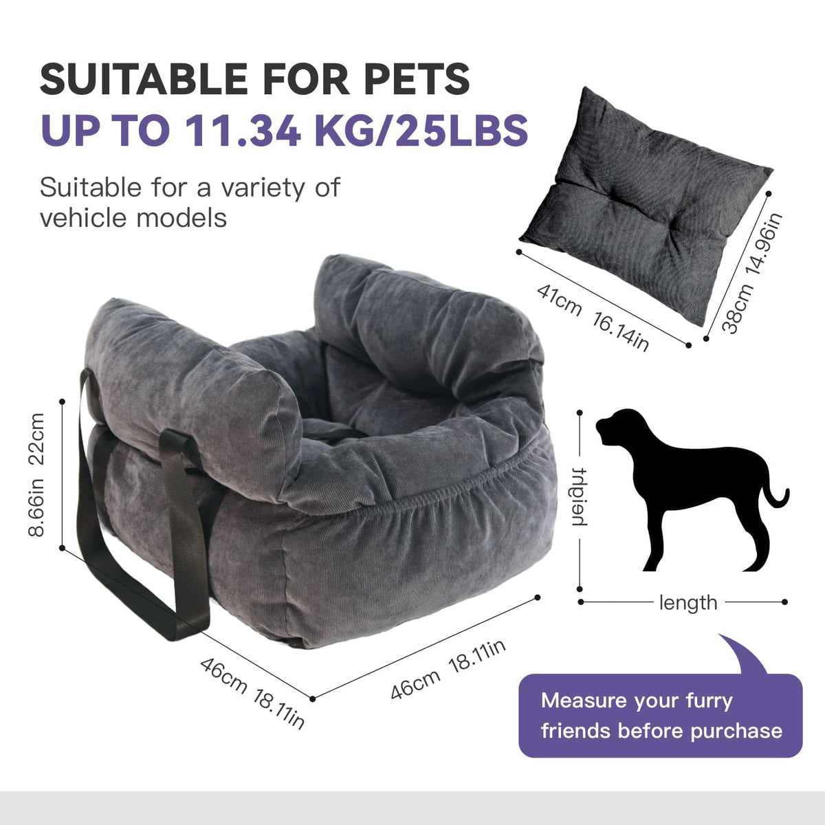 Gray Pet Car Booster Seat for Small Dogs up to 25 lbs O698995