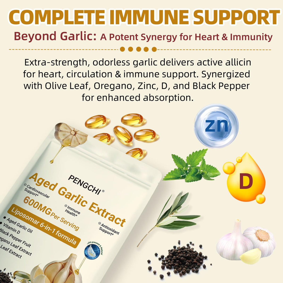 Aged Garlic Extract with Vitamin D Zinc Oregano Olive Leaf Black Pepper 300 Softgels L51820