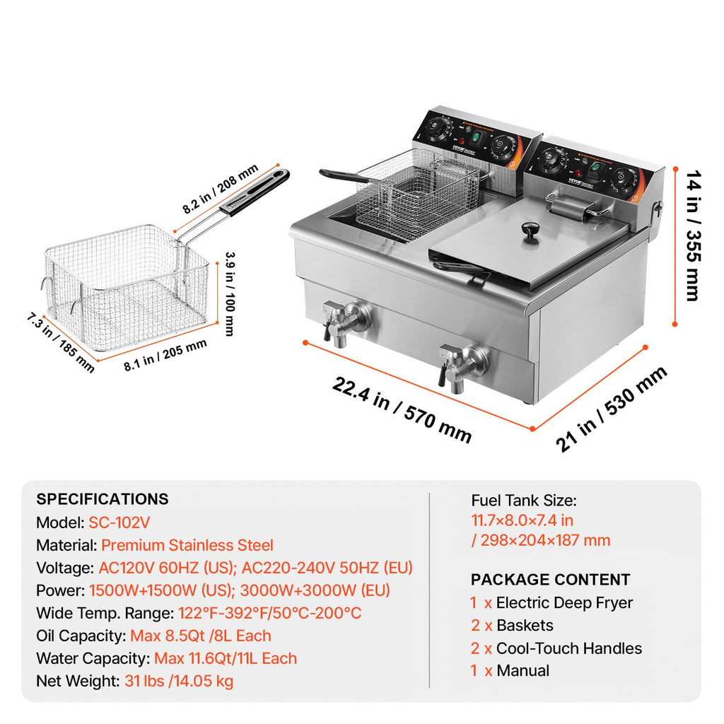 3000W Dual Tank Stainless Steel Electric Deep Fryer O313