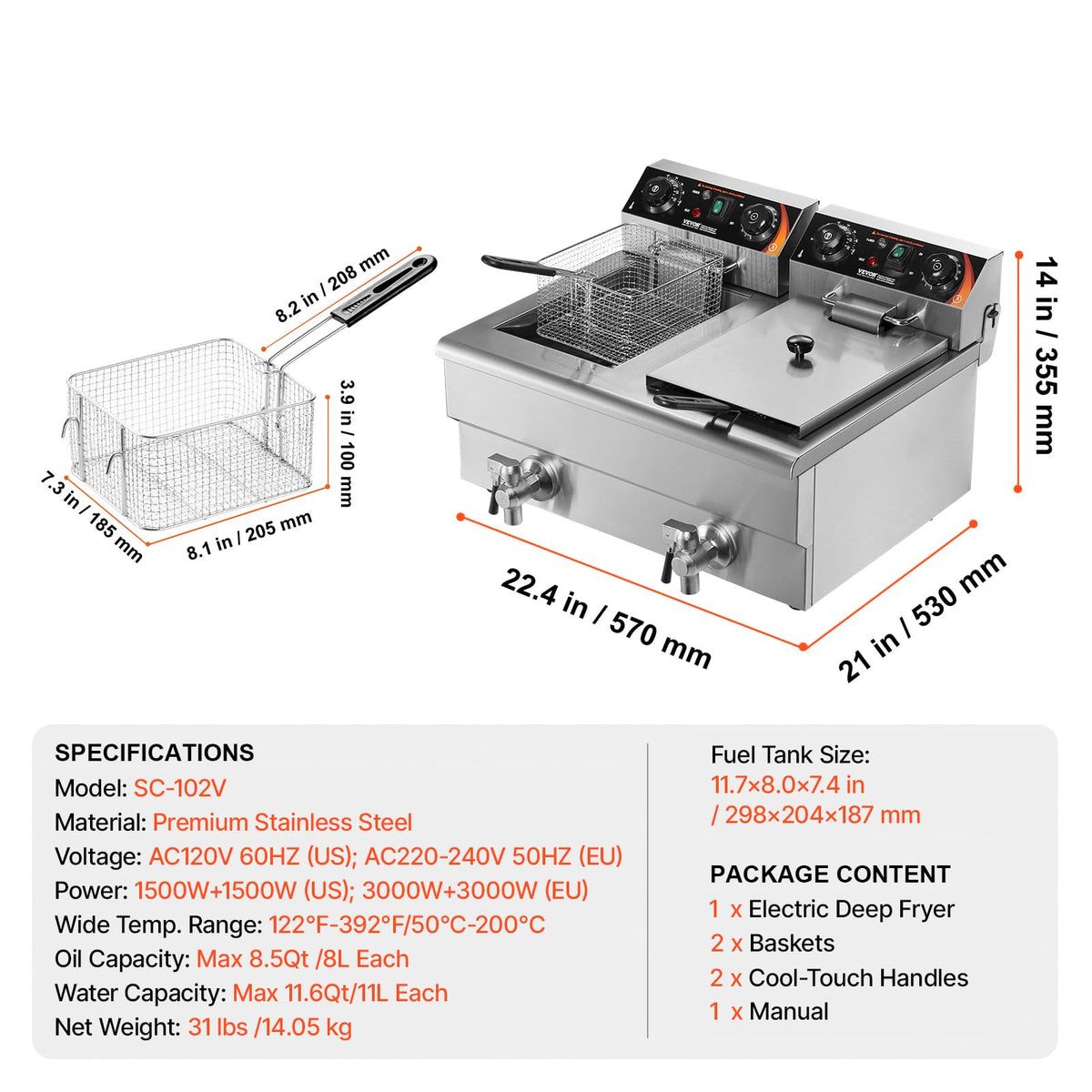 3000W Dual Tank Stainless Steel Electric Deep Fryer O313