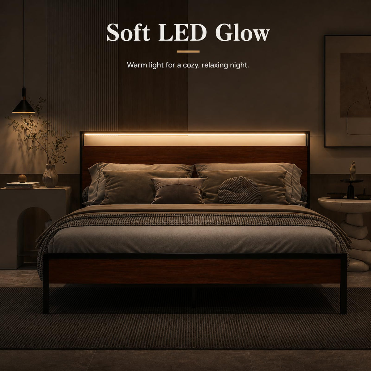 Full Size Metal Platform Bed Frame with Wood Headboard and Footboard K754