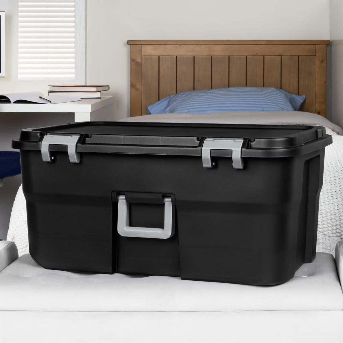 22 Gallon Black Wheeled Plastic Storage Trunk with Lids F632