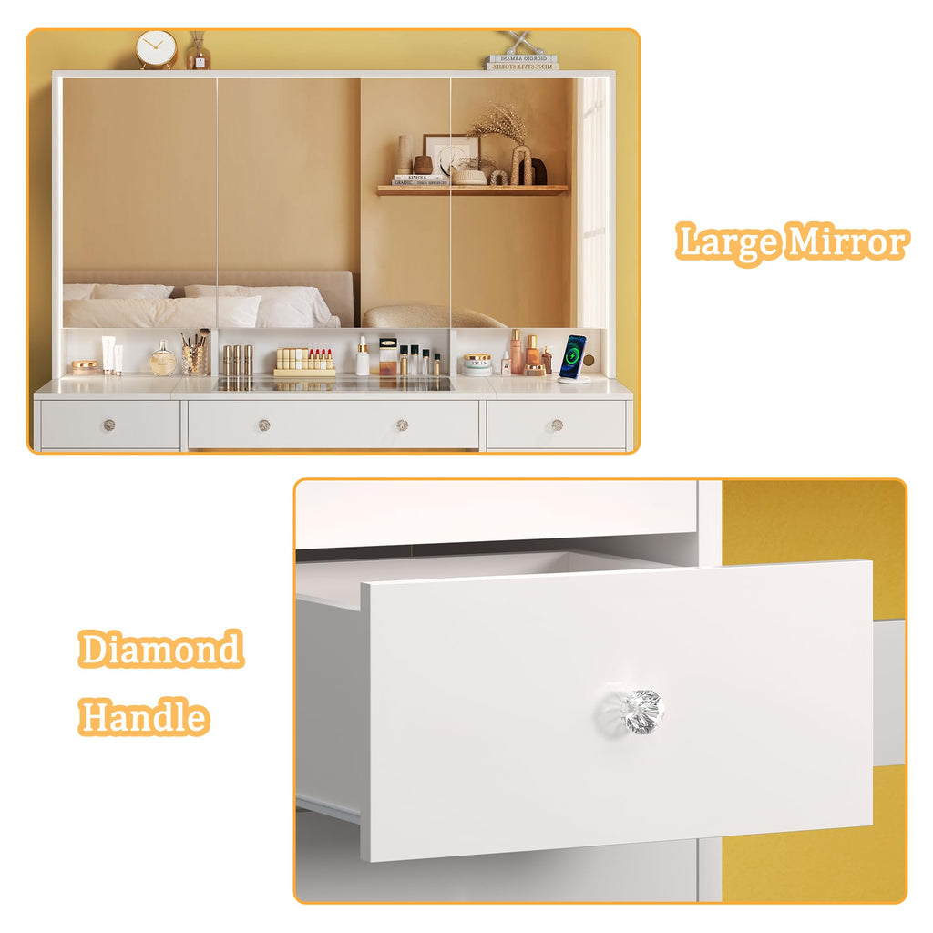 50'' White Glass Top Makeup Vanity with 11 Drawers and LED Mirror P775