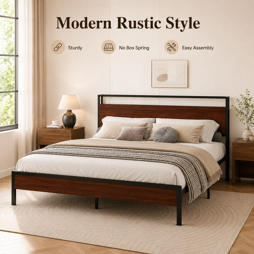 Full Size Metal Platform Bed Frame with Wood Headboard and Footboard K754