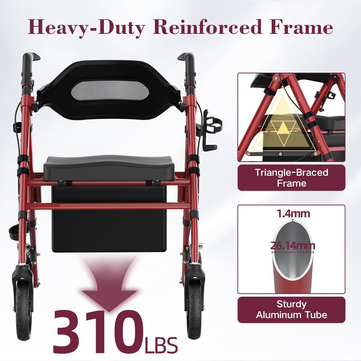 Foldable Rollator Walker with Seat, 8" Wheels, Red I98517