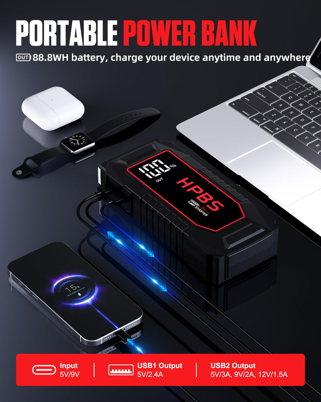 5000A Peak 12V Portable Jump Starter with 3.0" LCD Display T8938
