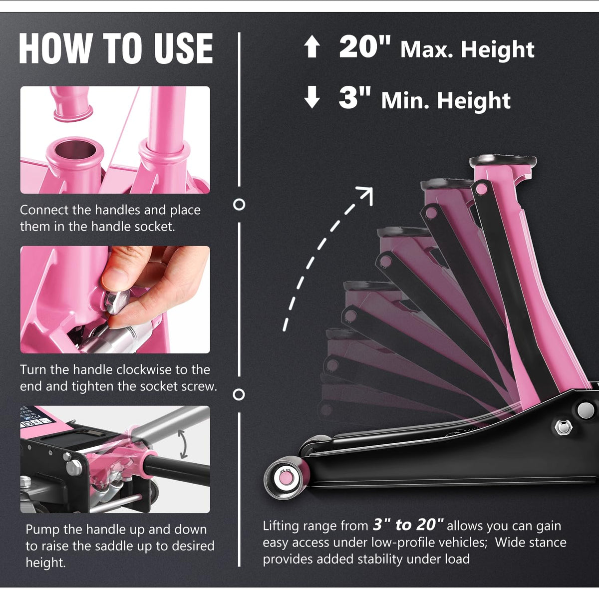 Low Profile Hydraulic Trolley Floor Jack 3 Ton Pink O5992