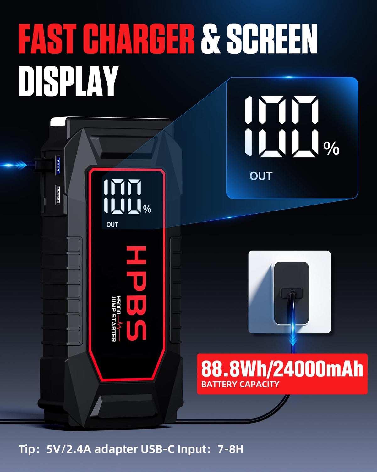 5000A Peak 12V Portable Jump Starter with 3.0" LCD Display T8938