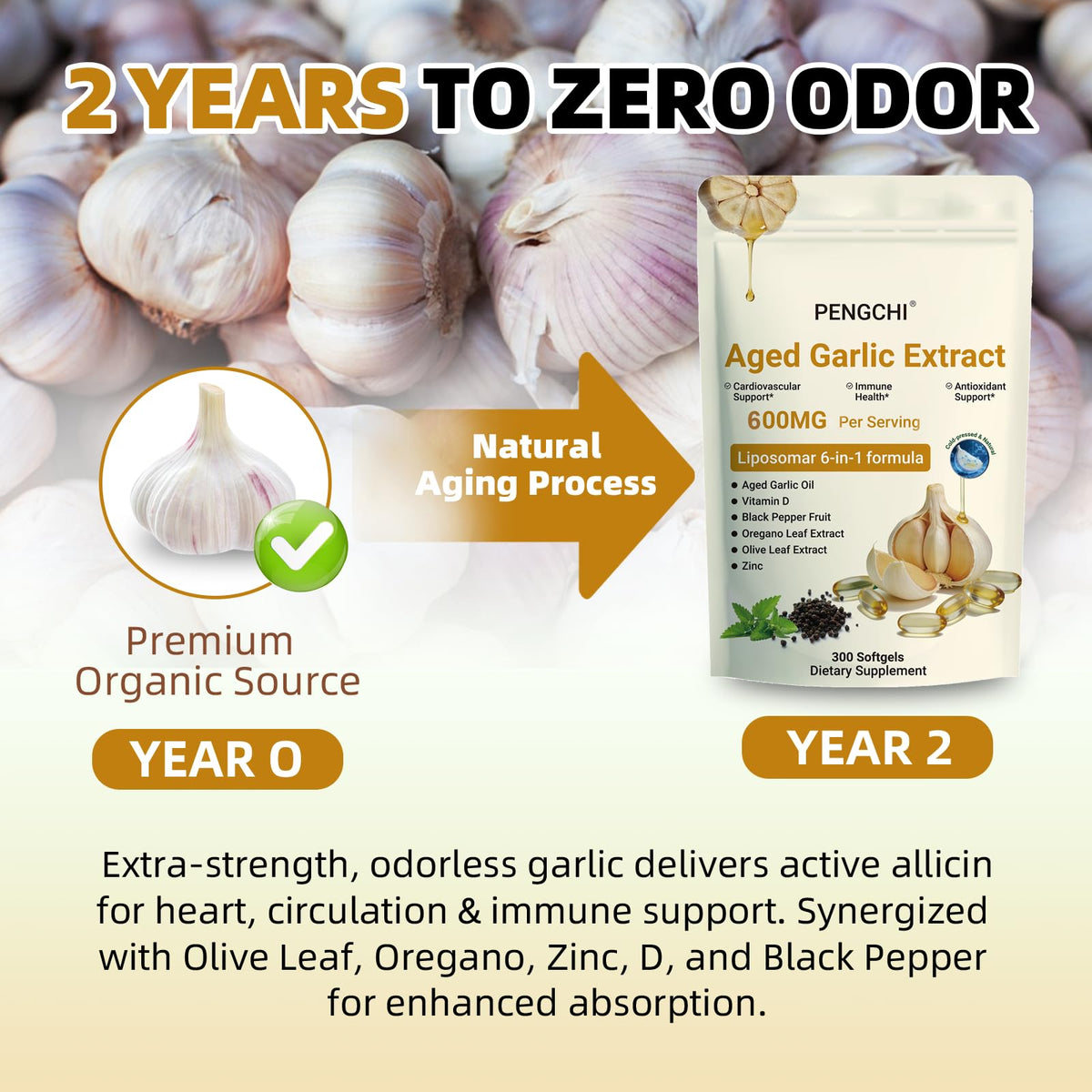 Aged Garlic Extract with Vitamin D Zinc Oregano Olive Leaf Black Pepper 300 Softgels L51820