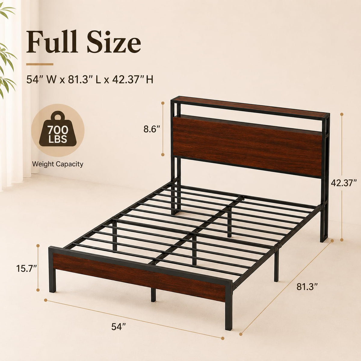 Full Size Metal Platform Bed Frame with Wood Headboard and Footboard K754