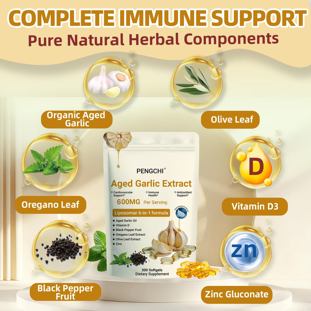 Aged Garlic Extract with Vitamin D Zinc Oregano Olive Leaf Black Pepper 300 Softgels L51820