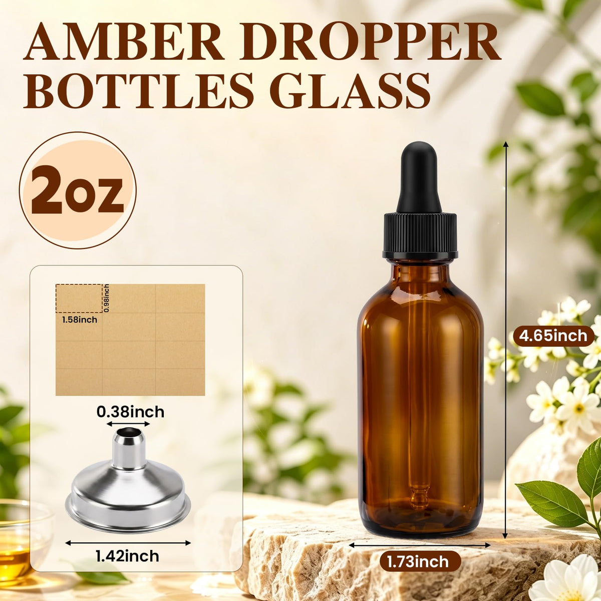 2 oz Amber Glass Dropper Bottles with Funnels, 40 Pack L37077