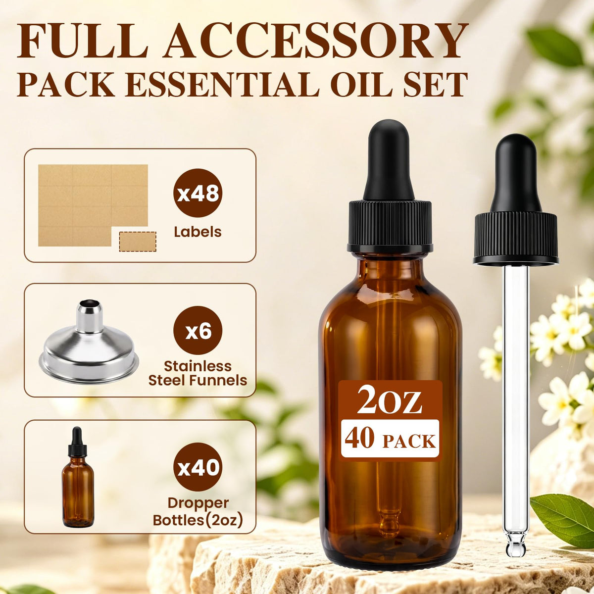 2 oz Amber Glass Dropper Bottles with Funnels, 40 Pack L37077