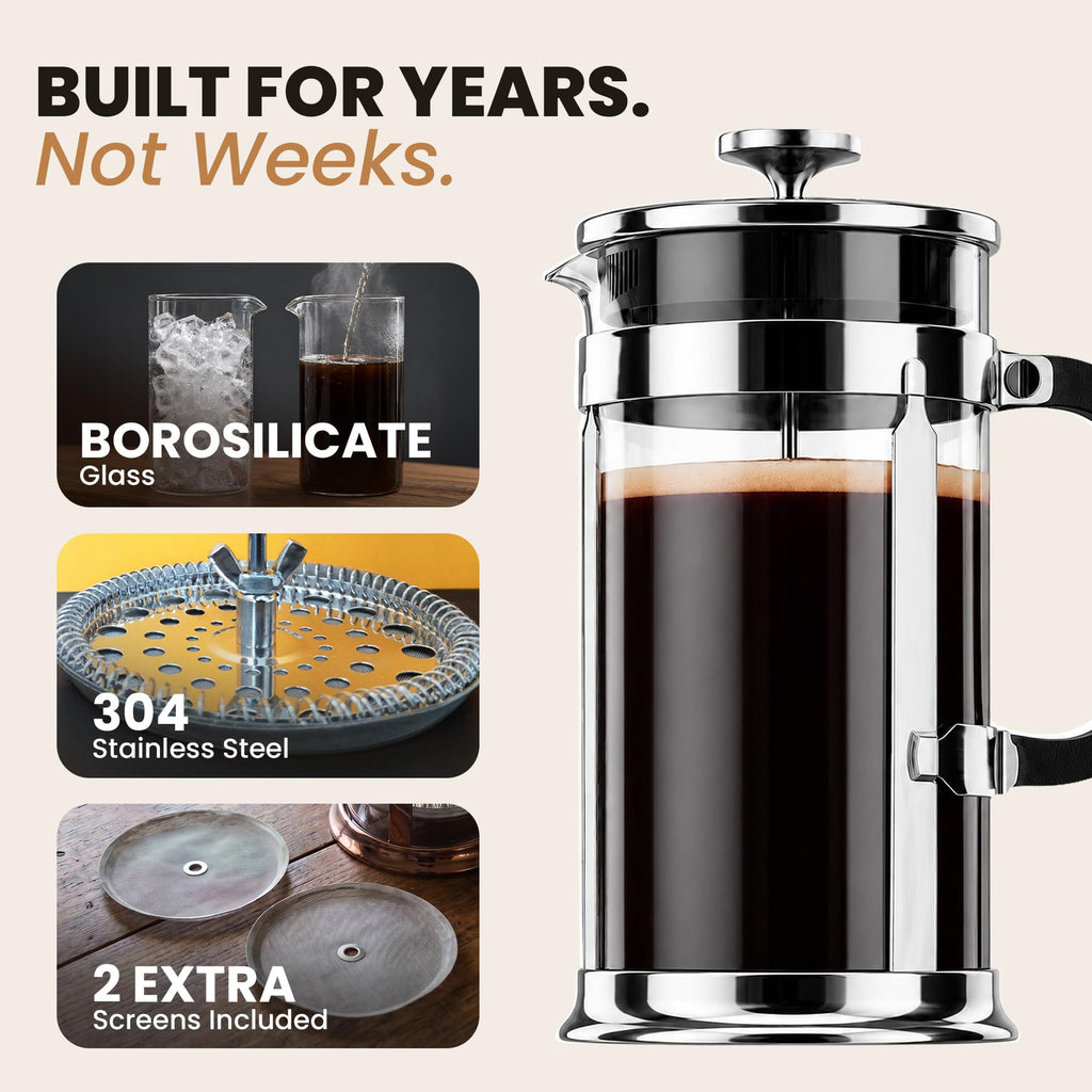 French Press Coffee Maker 34oz Chrome Borosilicate Glass J3179