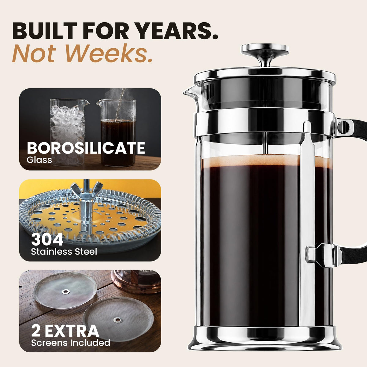 French Press Coffee Maker 34oz Chrome Borosilicate Glass J3179