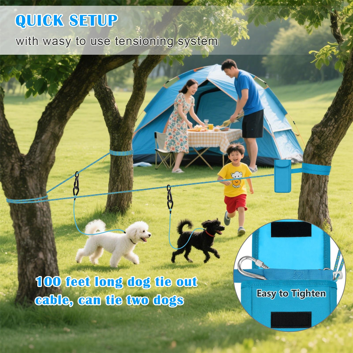 100FT Portable Dog Tie Out Cable for 2 Dogs F9626