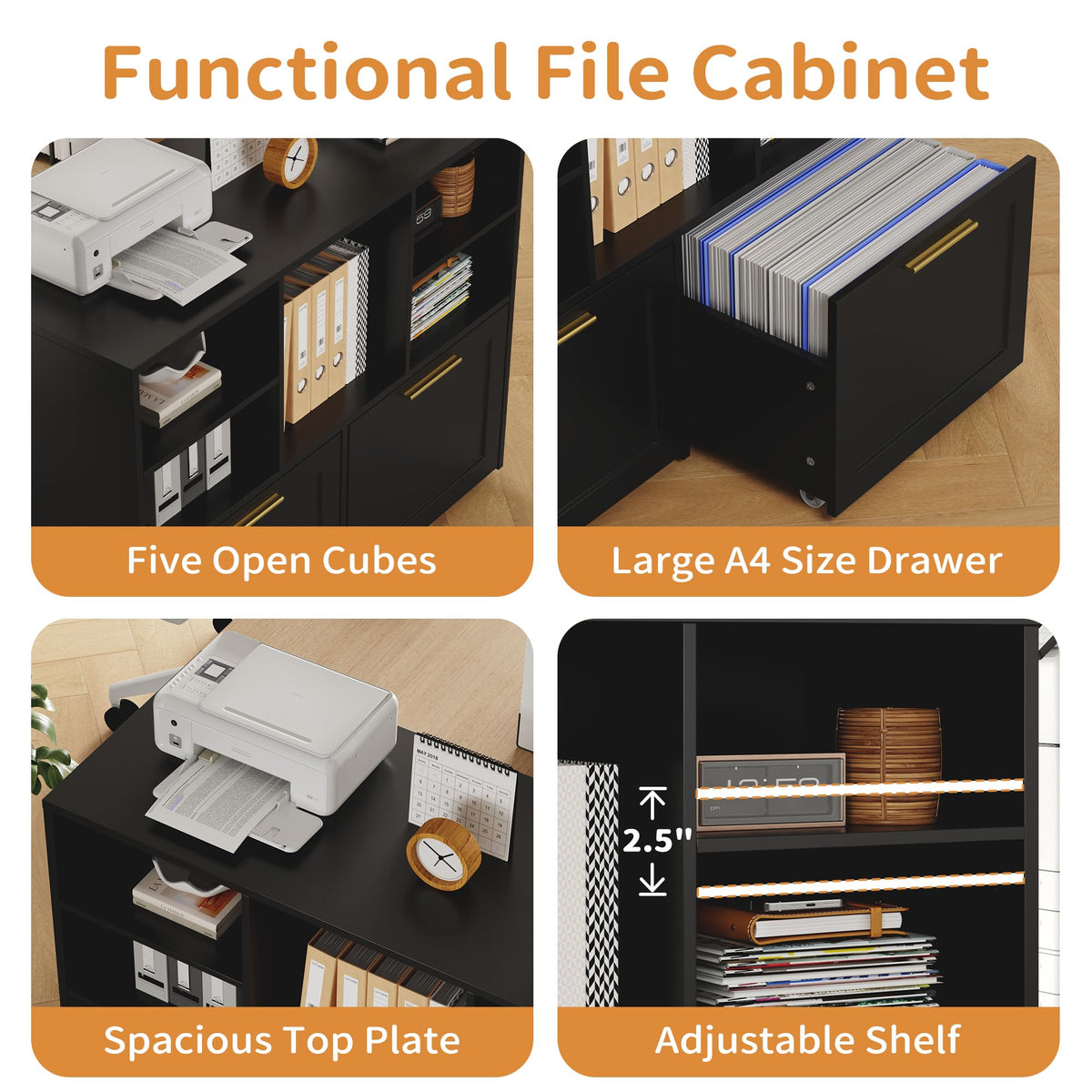 Black 2 Drawer Lateral File Cabinet with Open Storage Cubes I53628