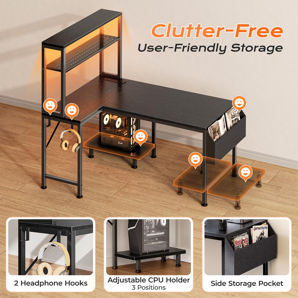 L Shaped Gaming Desk with LED Lights & Power Outlets K555