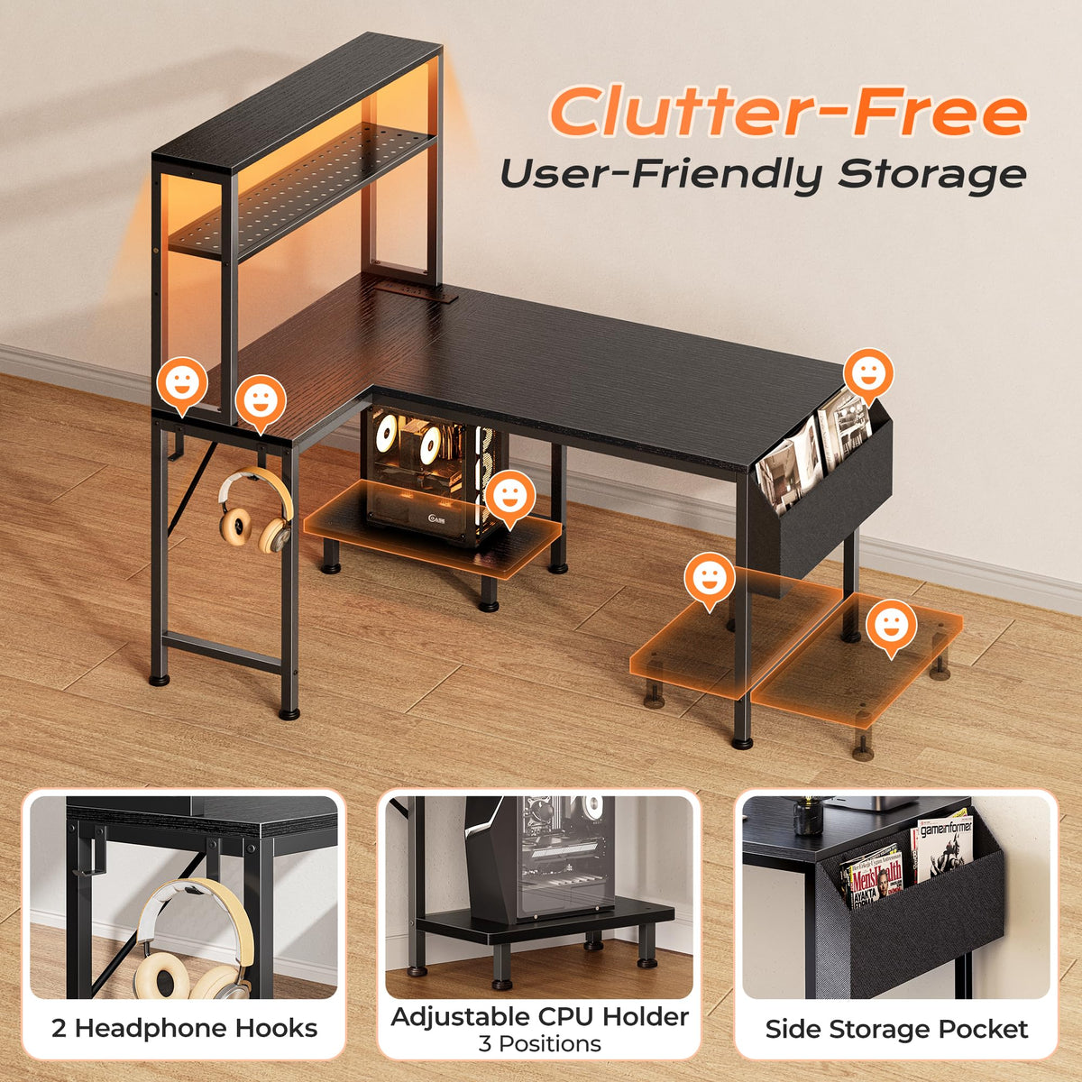 L Shaped Gaming Desk with LED Lights & Power Outlets K555