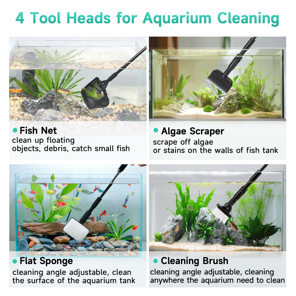 Small 4 in 1 Aquarium Cleaning Tools Kit with Fish Net Algae Scraper Clean Brush Flat Sponge B62451