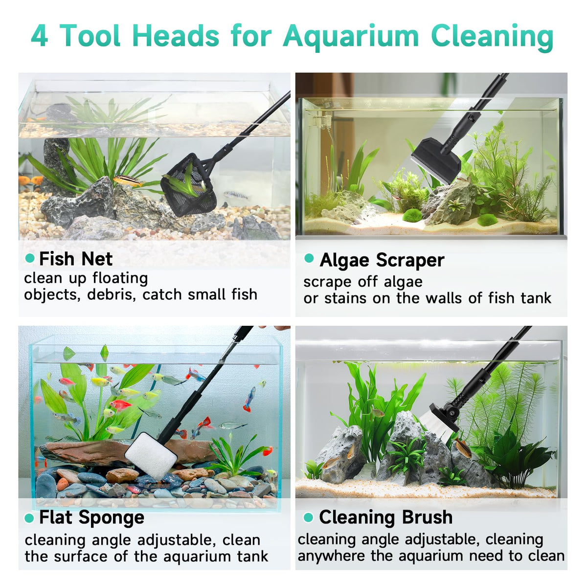 Small 4 in 1 Aquarium Cleaning Tools Kit with Fish Net Algae Scraper Clean Brush Flat Sponge B62451