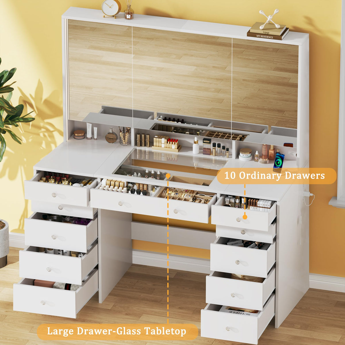 50'' White Glass Top Makeup Vanity with 11 Drawers and LED Mirror P775