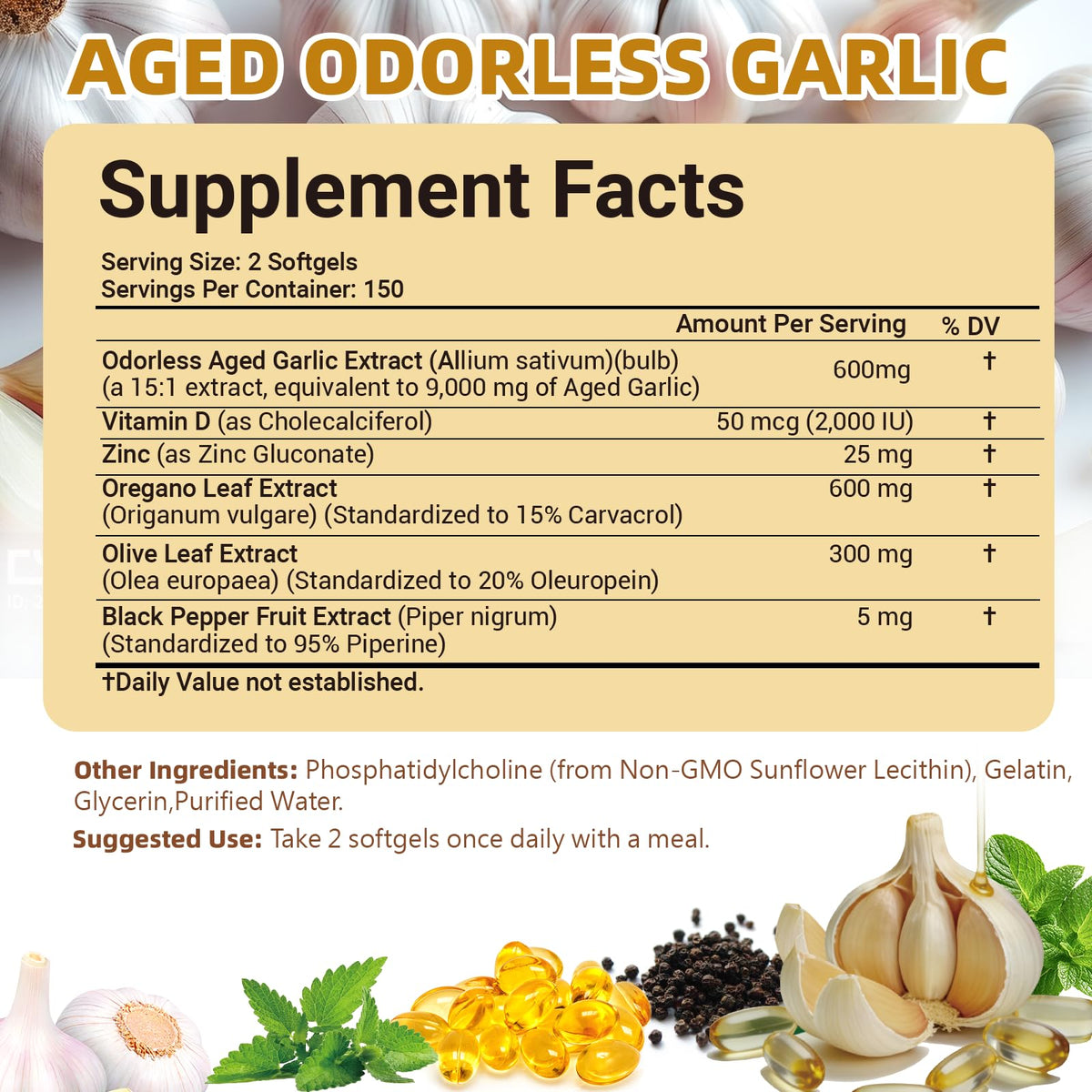 Aged Garlic Extract with Vitamin D Zinc Oregano Olive Leaf Black Pepper 300 Softgels L51820