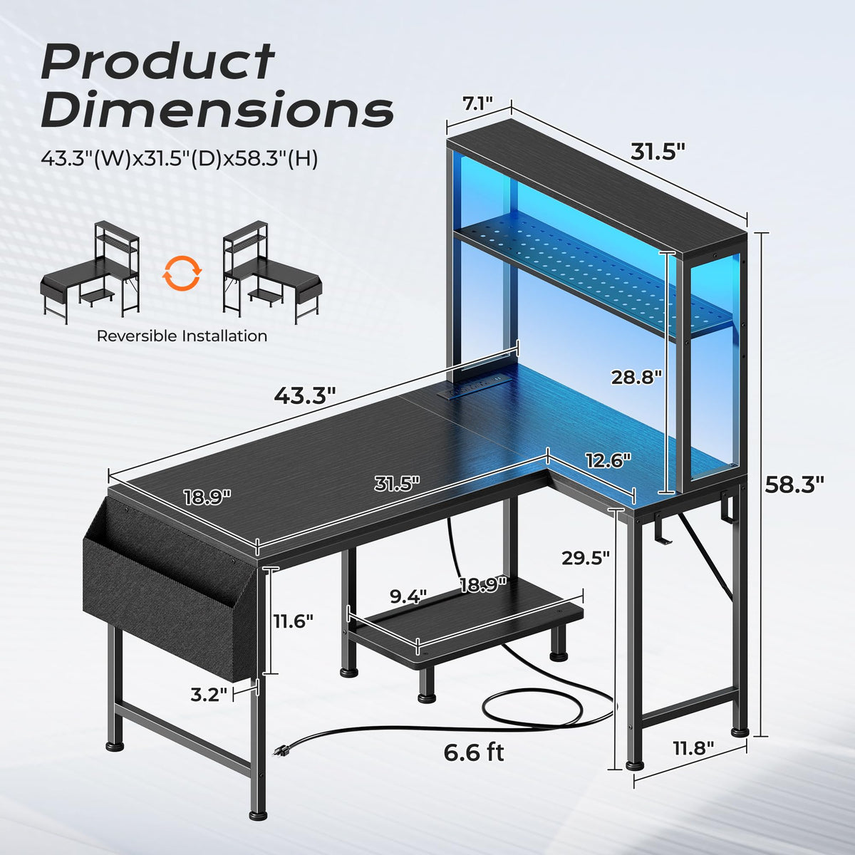 L Shaped Gaming Desk with LED Lights & Power Outlets K555