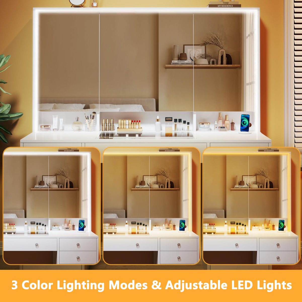 50'' White Glass Top Makeup Vanity with 11 Drawers and LED Mirror P775